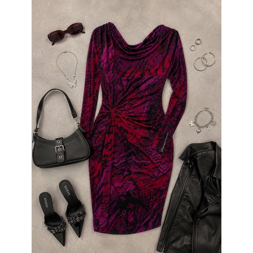 Cache Vintage Y2K Pink Purple Abstract Print Cowl Neck Knot Front Sheath Dress L